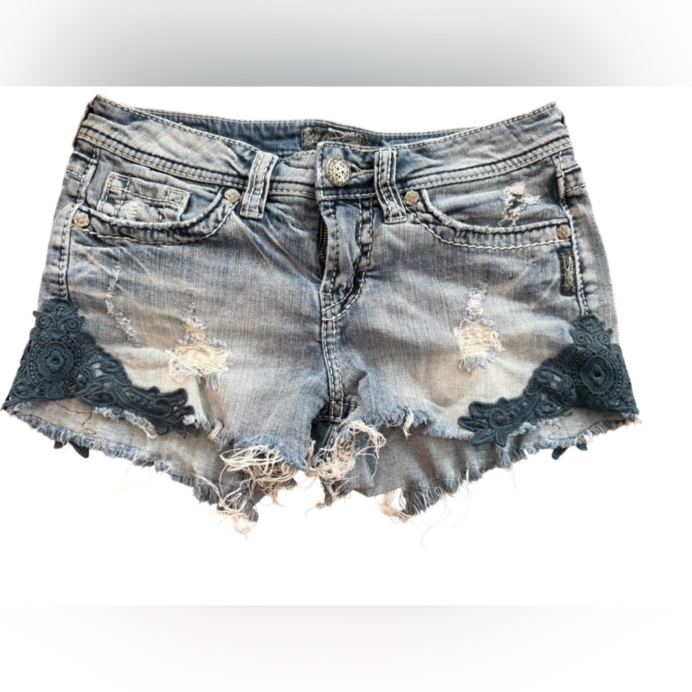 Silver Aiko Destruct Jean Shorts with dark blue lace women’s Sz. 28